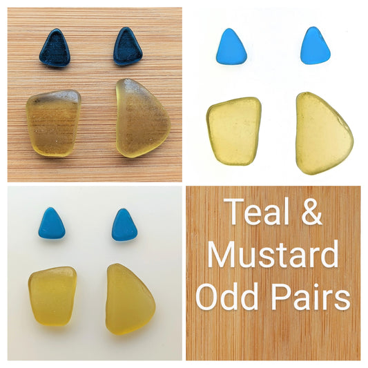 "Teal & Mustard" odd pairs: Hand-shaped Edinburgh Sea-Pieces - Sea Glass & Sea Pottery