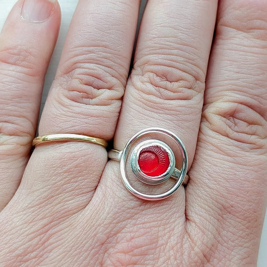 "Solar Eclipse" Adjustable Sea Button Silver Ring