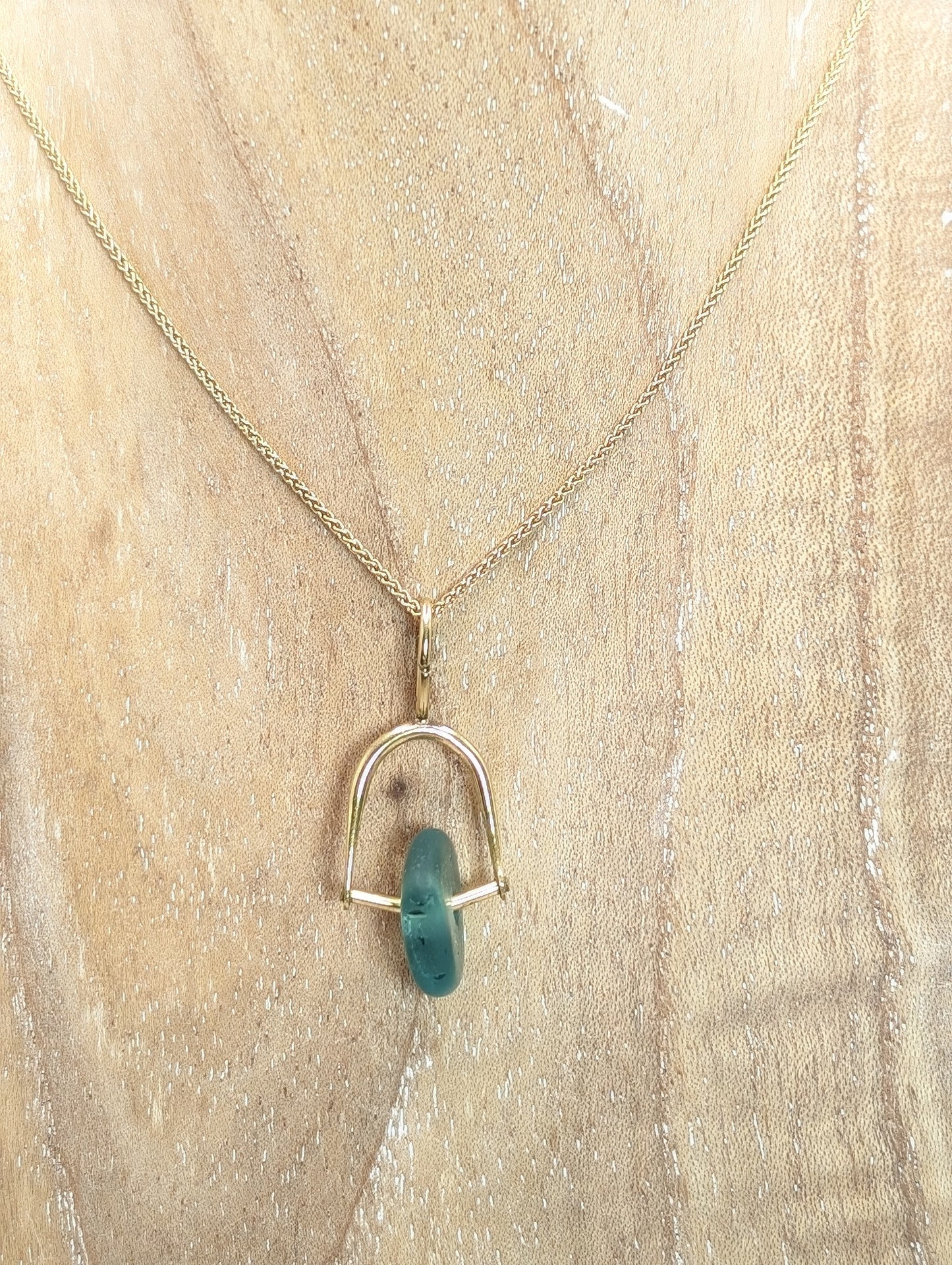 Brass Stirrup Teal Seaglass Glass Necklace