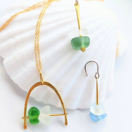 Brass Rainbow Edinburgh Sea Glass Necklace & Earrings Set