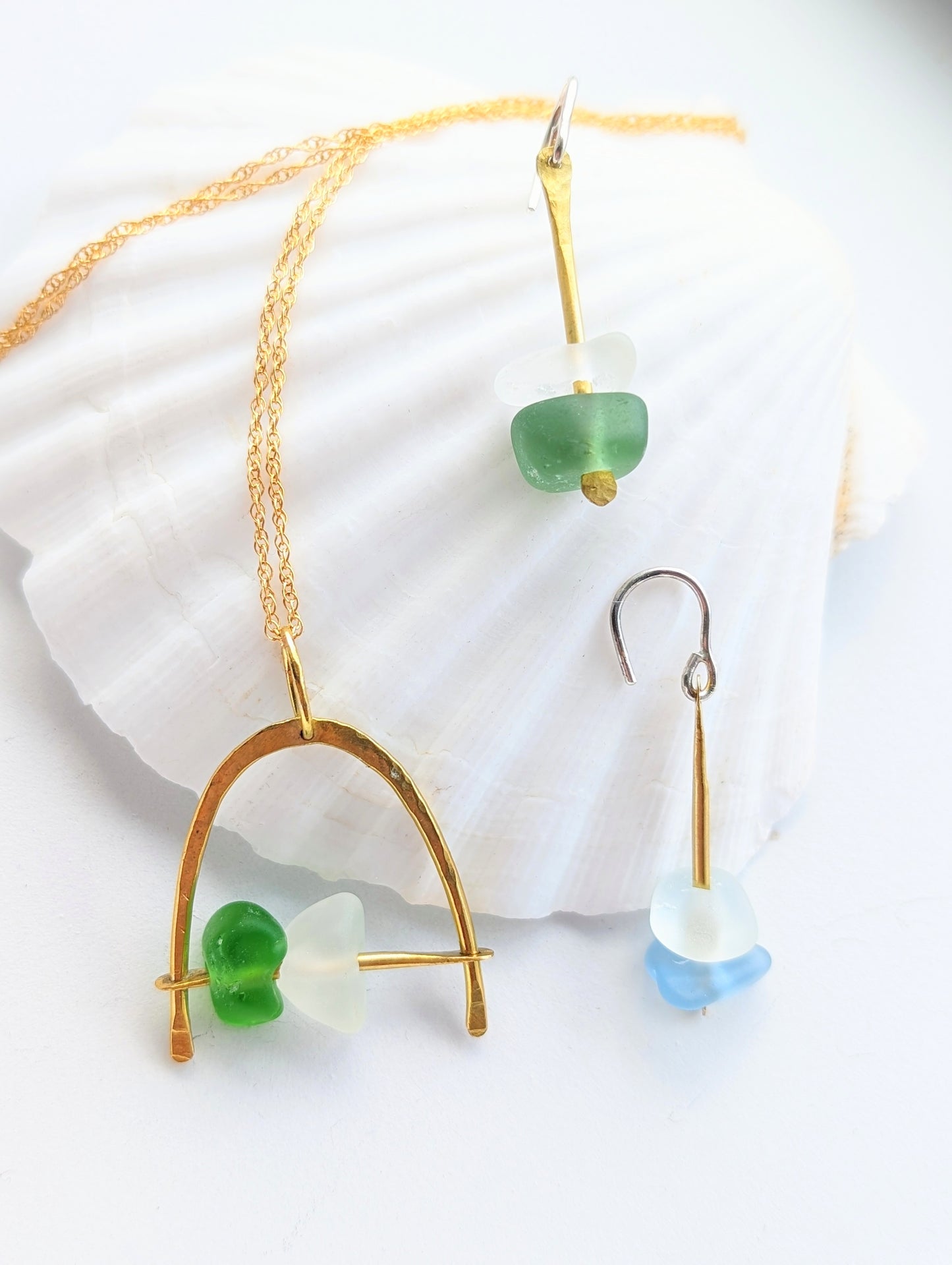 Brass Rainbow Edinburgh Sea Glass Necklace & Earrings Set