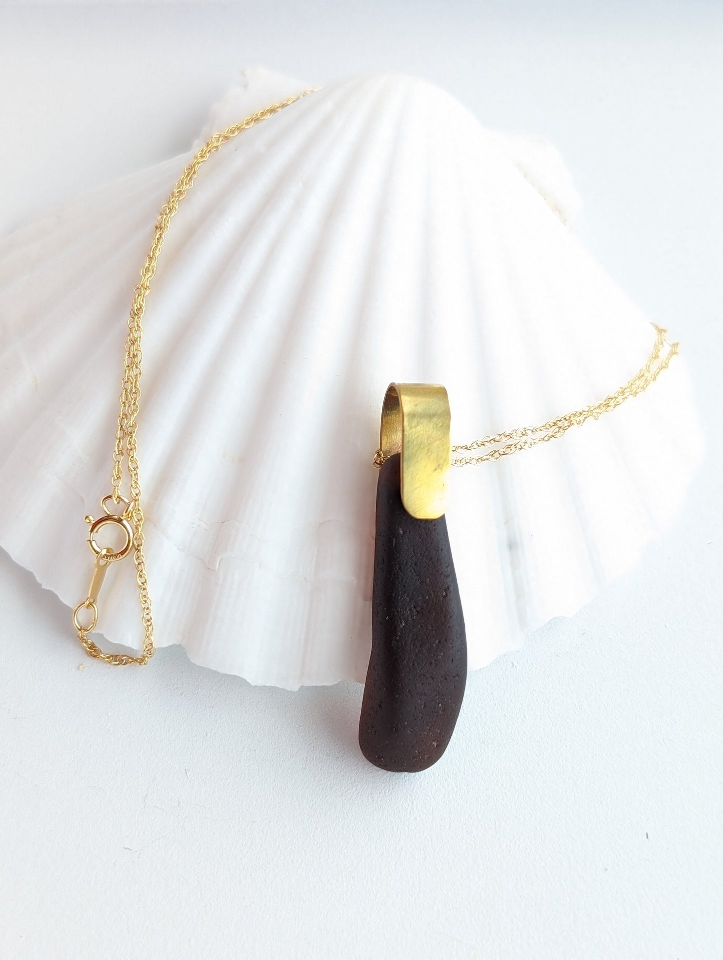 Dark Brown Sea Glass Brass Gold Filled Necklace