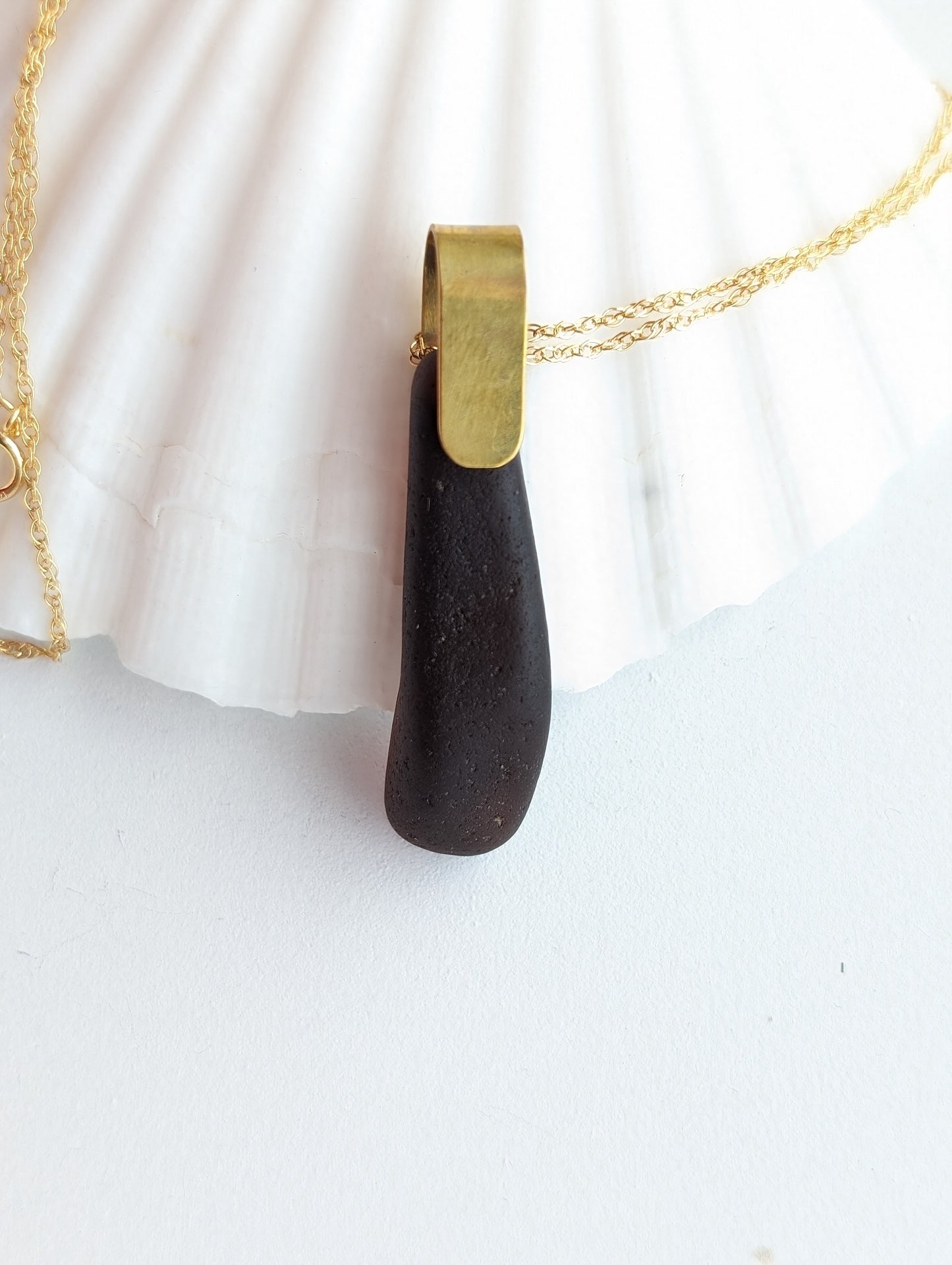 Dark Brown Sea Glass Brass Gold Filled Necklace