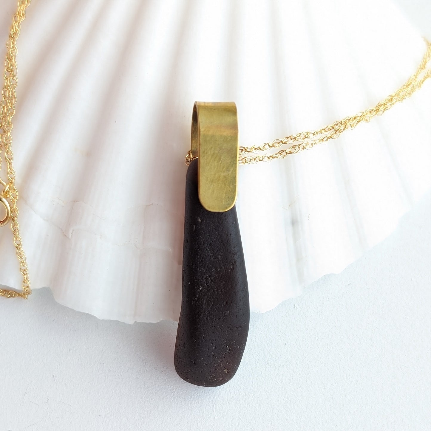 Dark Brown Sea Glass Brass Gold Filled Necklace