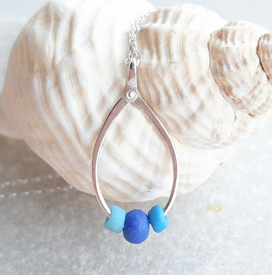 Trio of Sea Glass Sea Beads on Riveted Sterling Silver Hoop Necklace