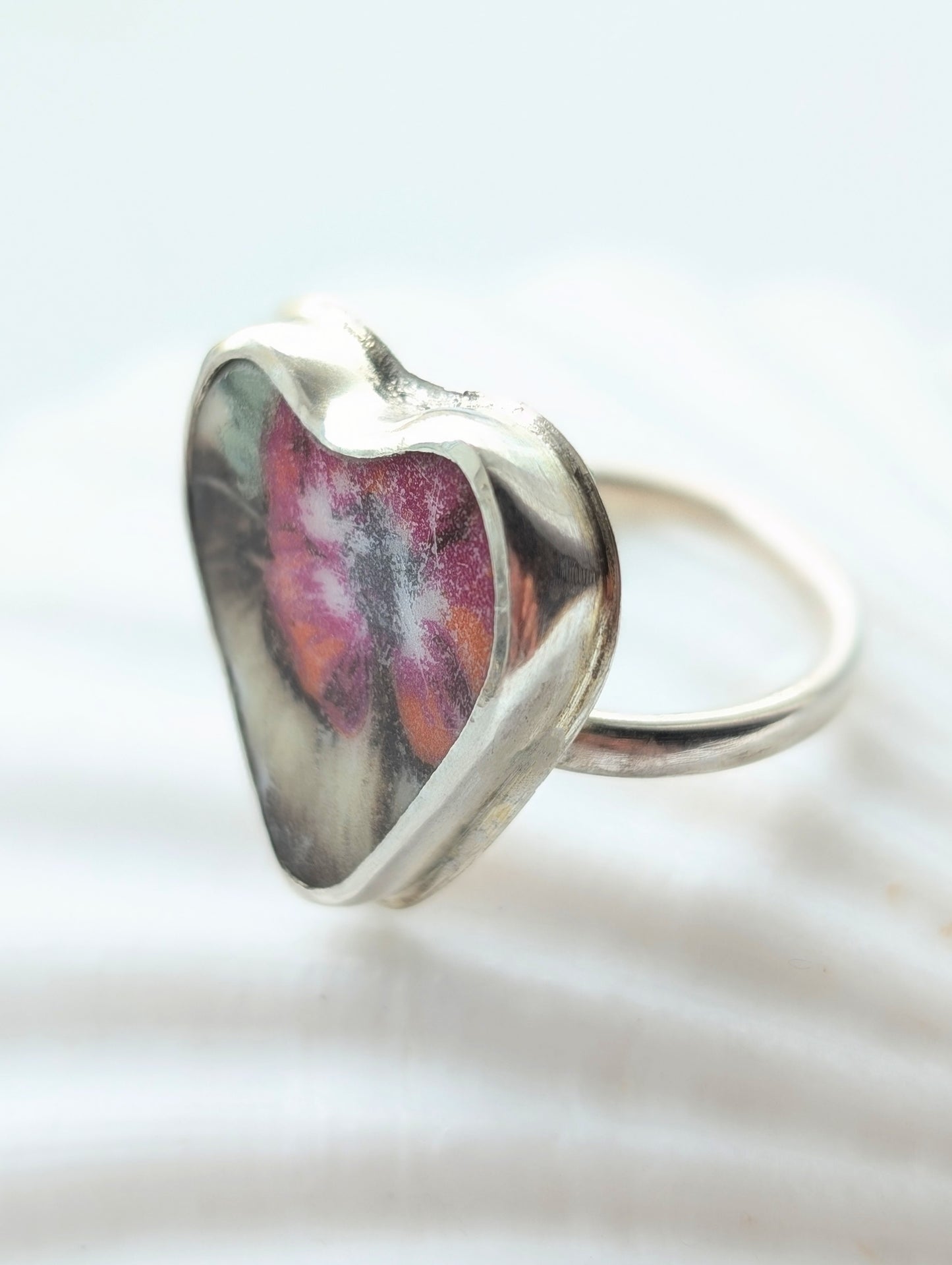 Heart-Shaped Sea Pottery Adjustable Silver Ring