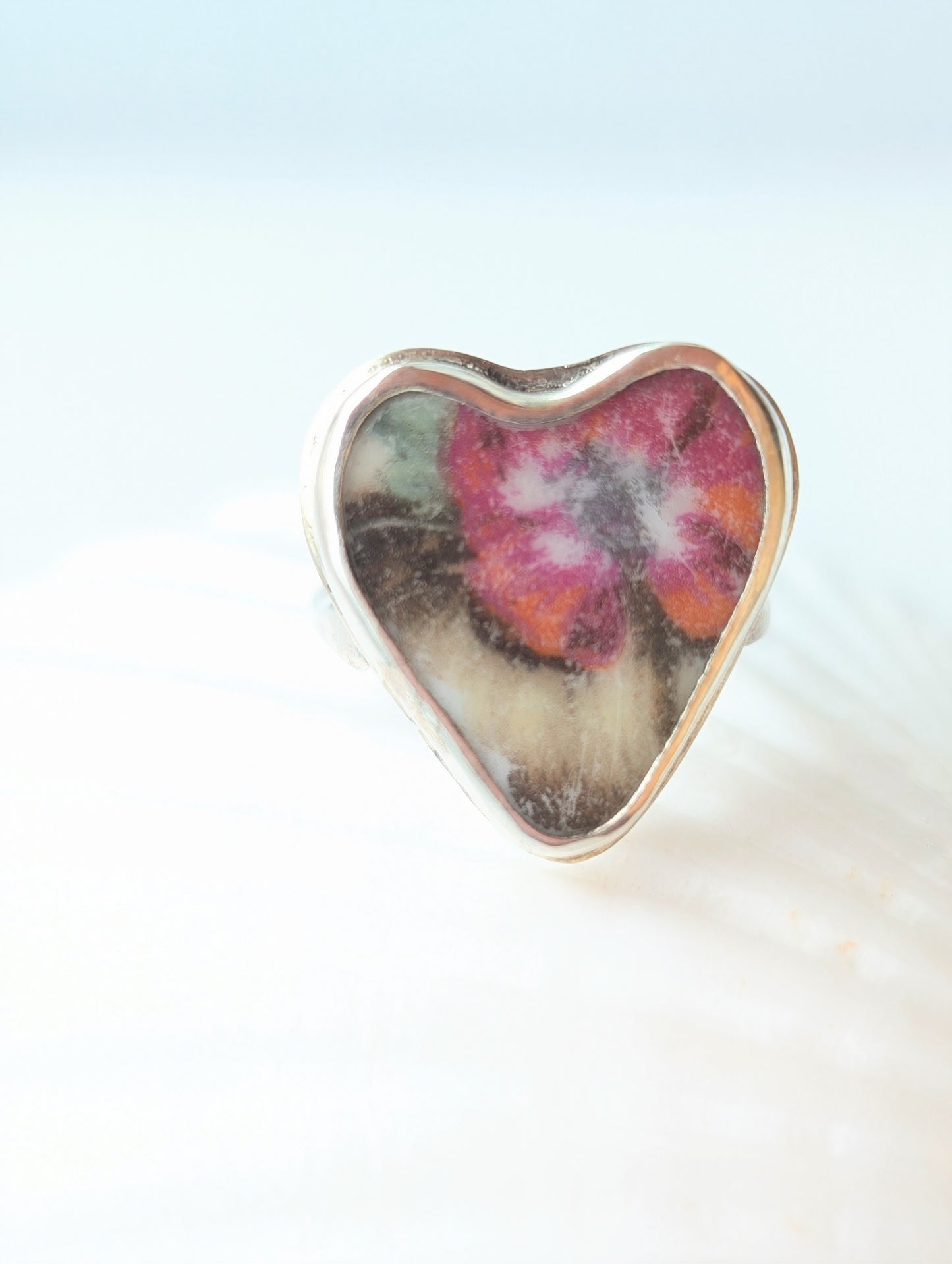 Heart-Shaped Sea Pottery Adjustable Silver Ring