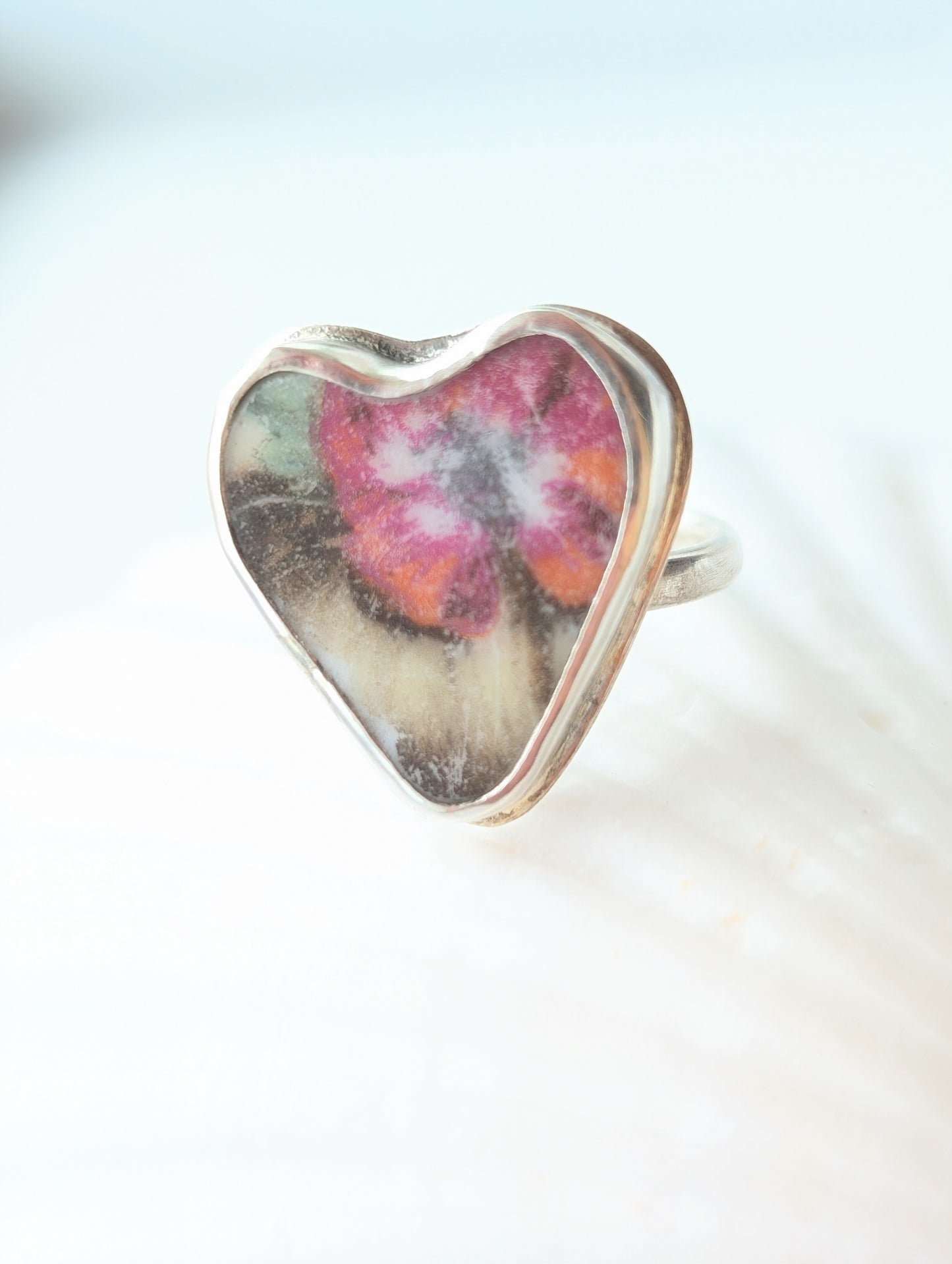 Heart-Shaped Sea Pottery Adjustable Silver Ring