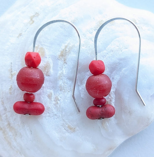 Red Scottish Sea Bead Earrings in Sterling Silver