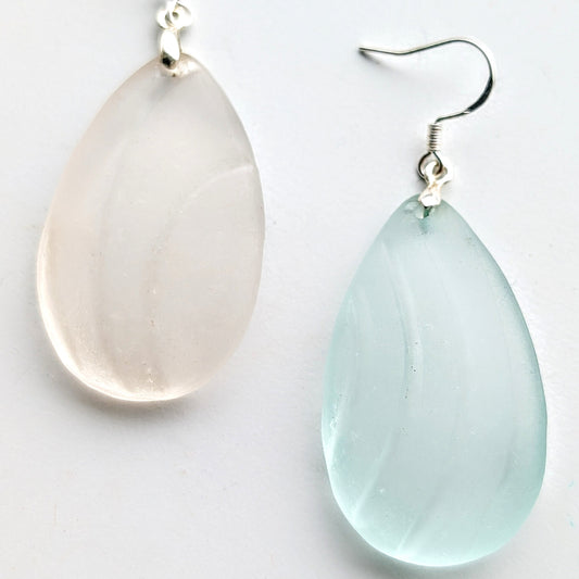 Teardrop Wave Sea Glass Earrings in Silver