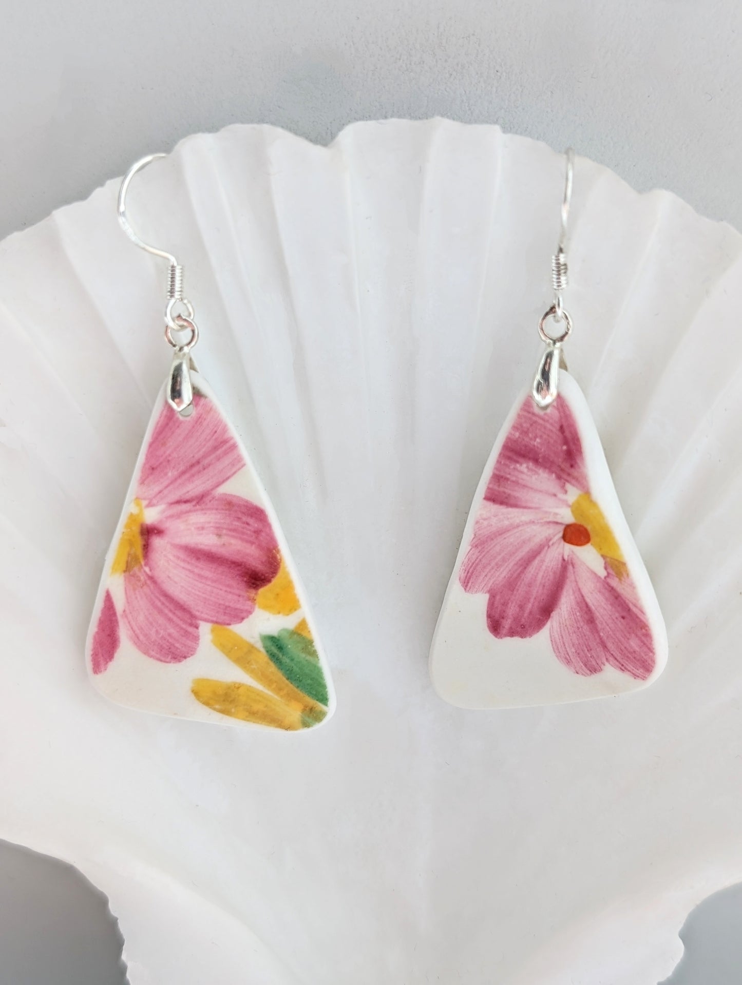 Floral Edinburgh Sea Pottery Earrings in Silver