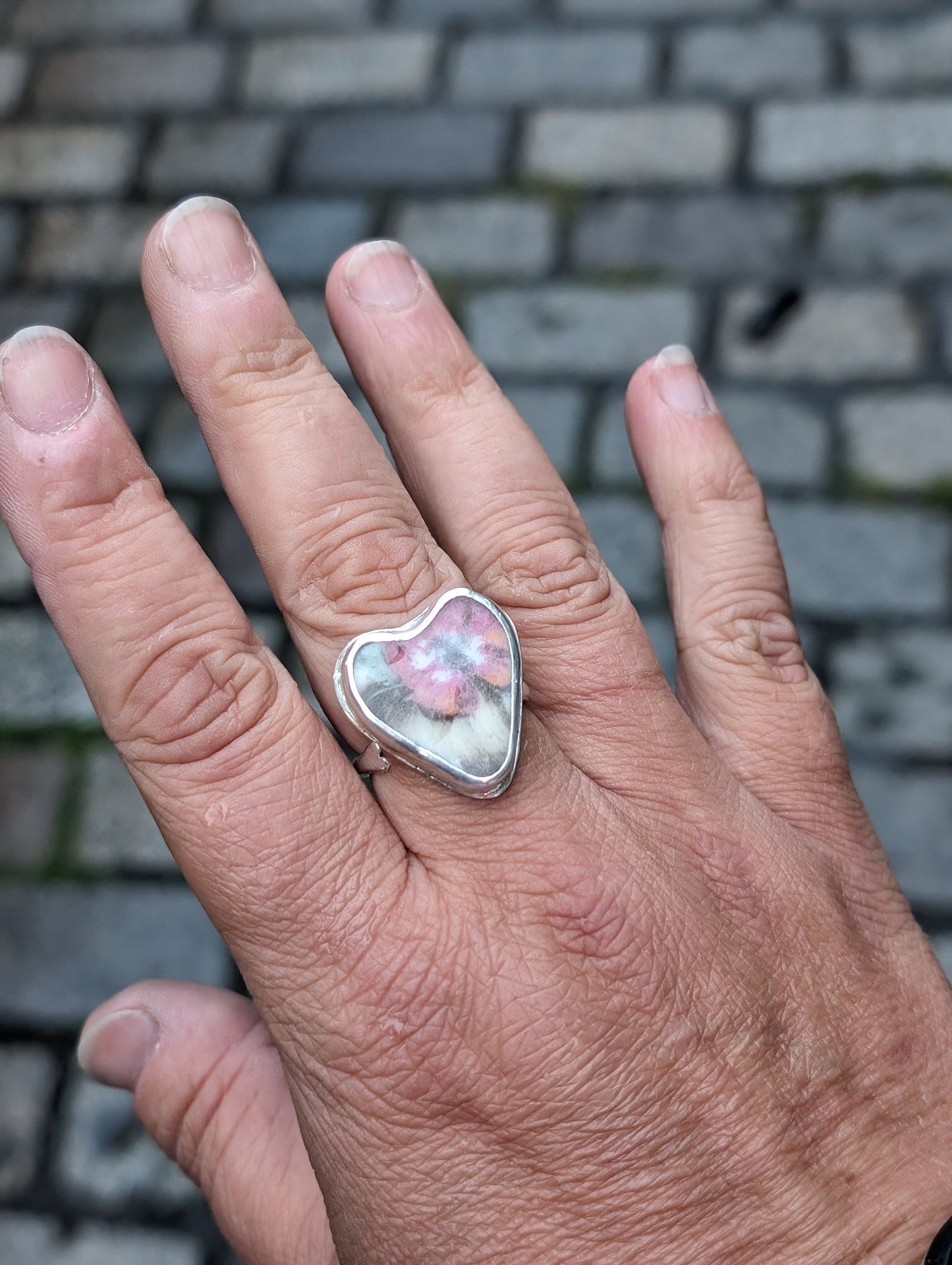 Heart-Shaped Sea Pottery Adjustable Silver Ring